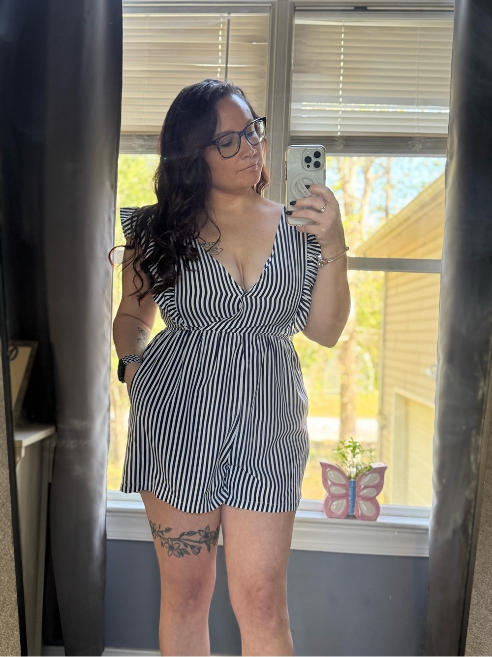Navy & White Striped Tie Back Romper